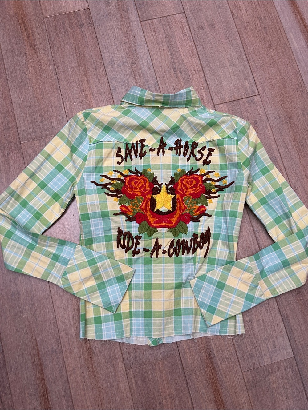 Plaid Embroidered Button-Down Shirt in Green and Yellow